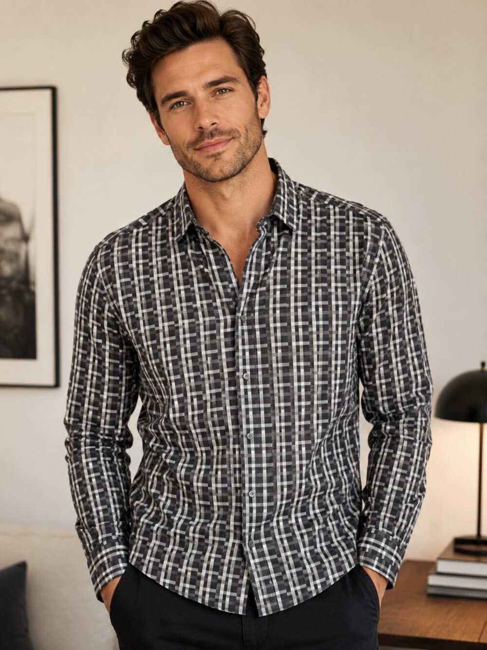 Bugatchi Mens Long Sleeve Black Grey and White‎